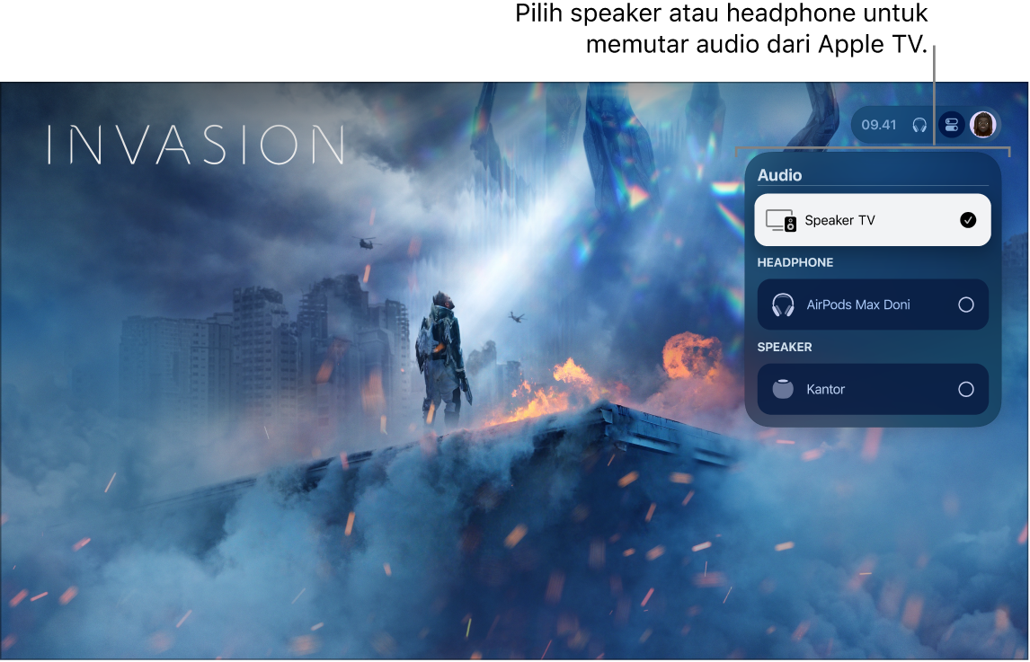 Layar Apple TV menampilkan tampilan kontrol audio Pusat Kontrol