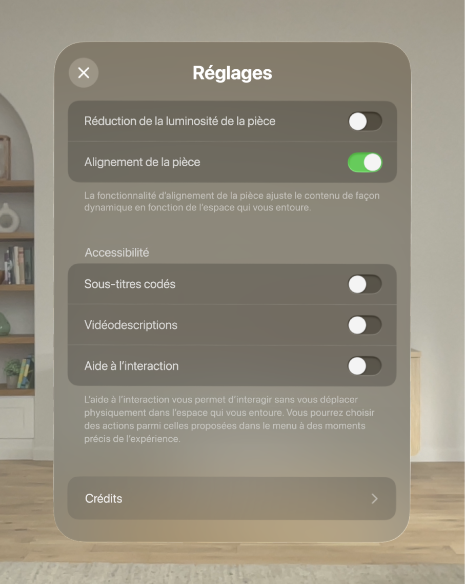 Les réglages de l’expérience « À la rencontre des dinosaures », avec des options pour régler la réduction de la luminosité et l’alignement de la pièce en plus d’activer les sous-titres codés, les vidéodescriptions et l’aide à l’interaction.