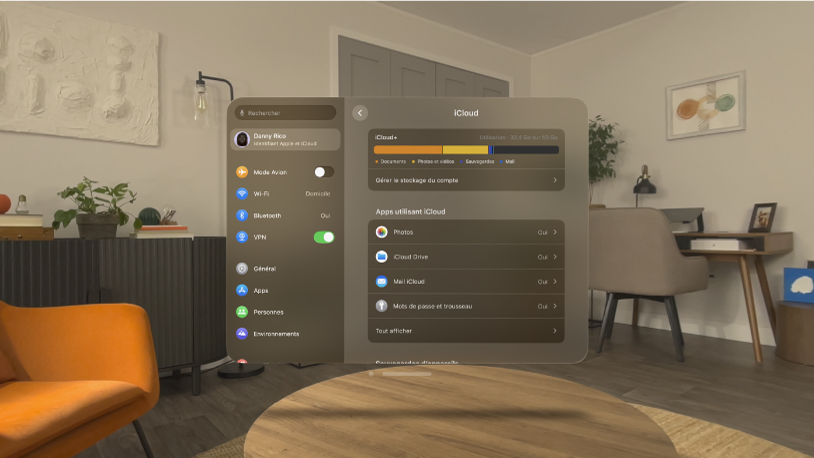 La fenêtre de réglages sur l’Apple Vision Pro qui affiche le stockage iCloud de l’utilisateur.