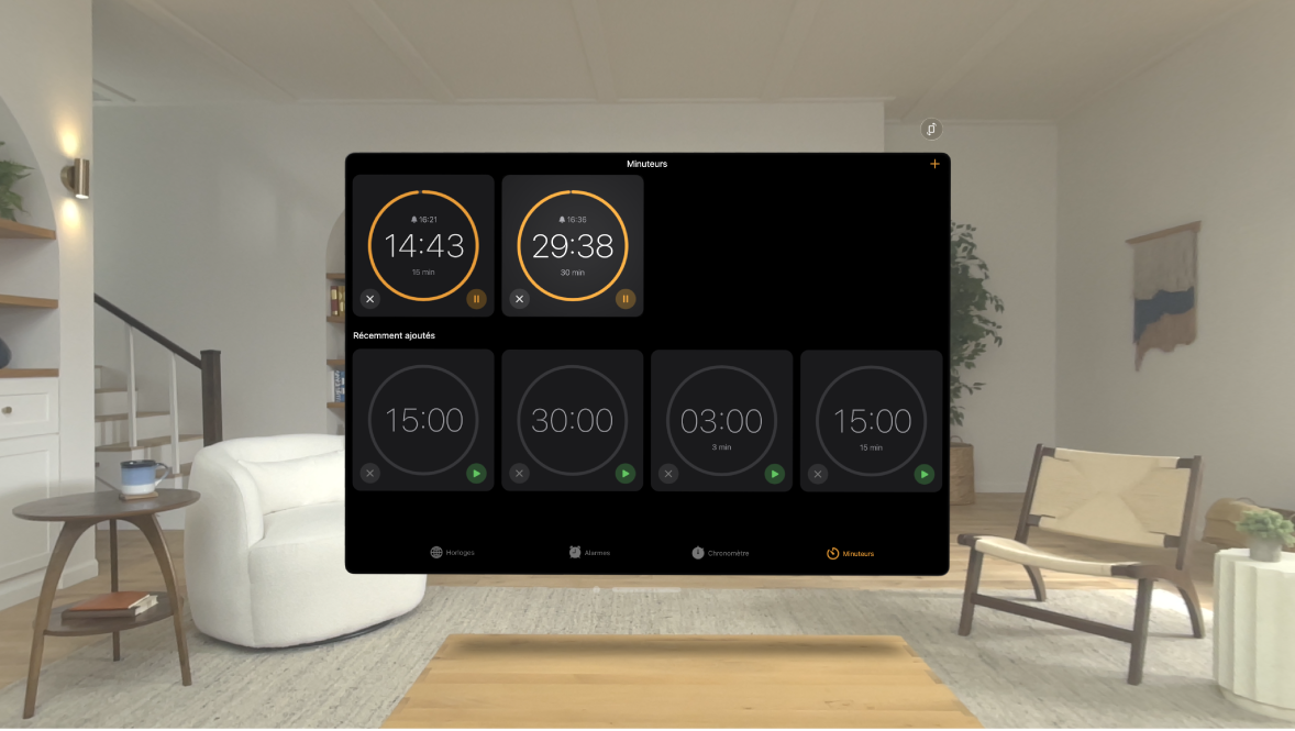 L’app Horloge sur l’Apple Vision Pro qui montre plusieurs minuteurs en cours.