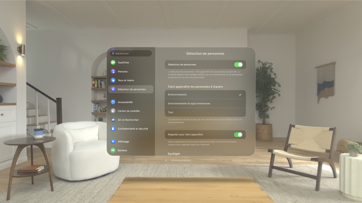 Réglages de la détection des personnes sur Apple Vision Pro, où il est possible d’activer ou de désactiver cette option, de modifier le moment où les personnes sont affichées, d’activer ou de désactiver l’option Regarder pour faire apparaître et de supprimer votre EyeSight personnalisé.