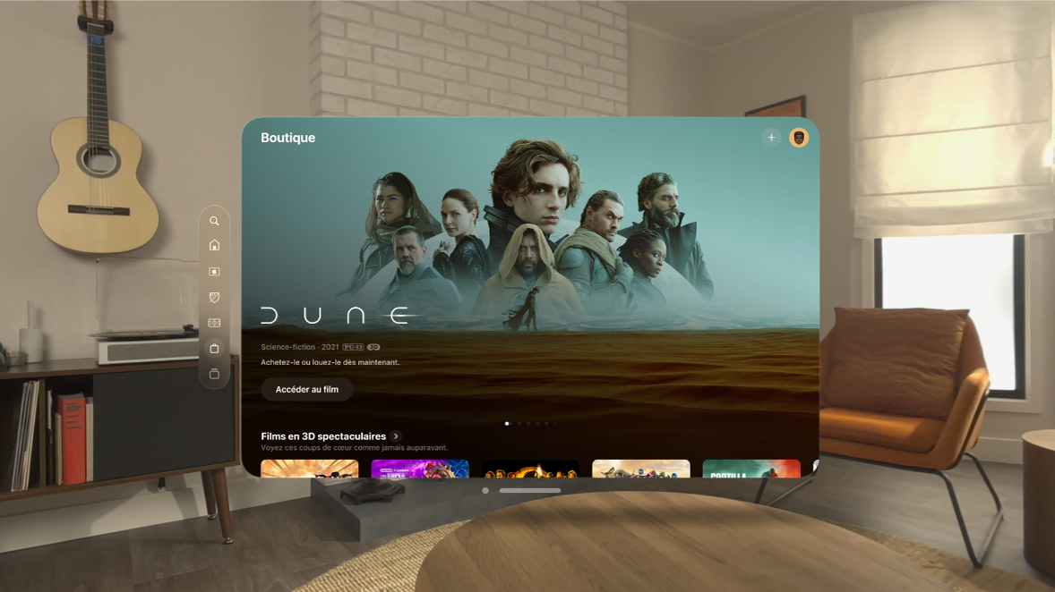 L’app Apple TV sur l’Apple Vision Pro, affichant un page pour des films 3D.