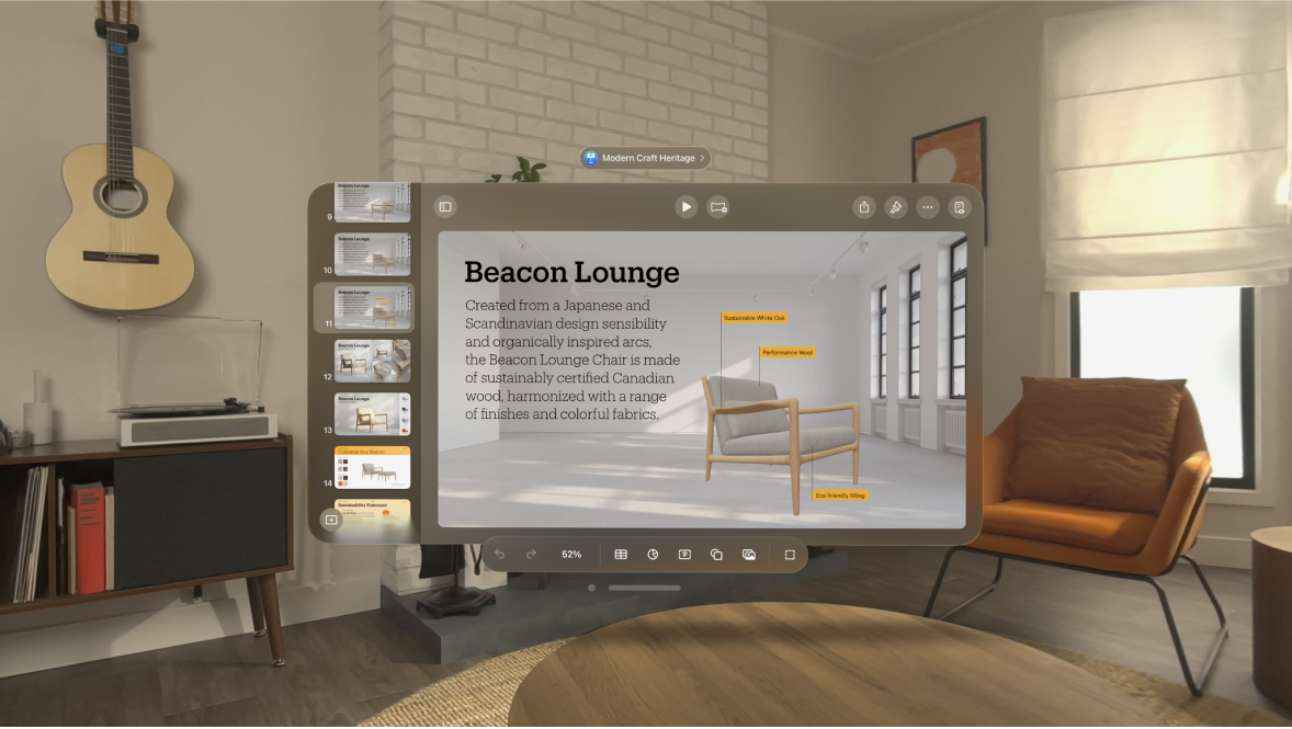 Apple Vision Pro 上的 Keynote App 在編輯顯示方式中顯示開啟的簡報，工具列在底部顯示。