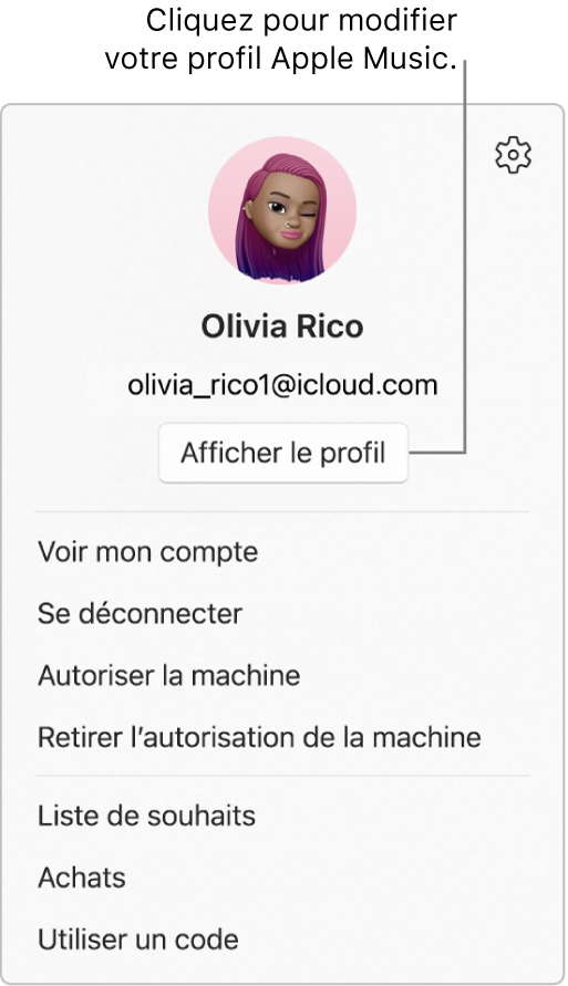 Le menu du profil, qui sʼaffiche lorsque vous sélectionnez votre nom en bas de la barre latérale. La photo et lʼidentifiant Apple de lʼutilisateur se trouvent en haut. Le bouton « Afficher le profil » se trouve sous lʼidentifiant Apple. Parmi les options du menu se trouvent « Voir mon compte », « Autoriser la machine » et « Liste de souhaits ».