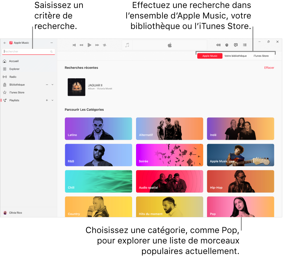 La fenêtre Apple Music, avec le champ de recherche dans le coin supérieur gauche, la liste de catégories au centre de la fenêtre et les boutons « Apple Music », « Votre bibliothèque » et « iTunes Store » dans le coin supérieur droit.