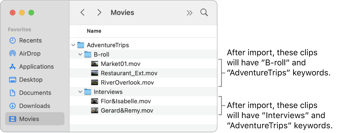 The Finder displaying source media inside folders