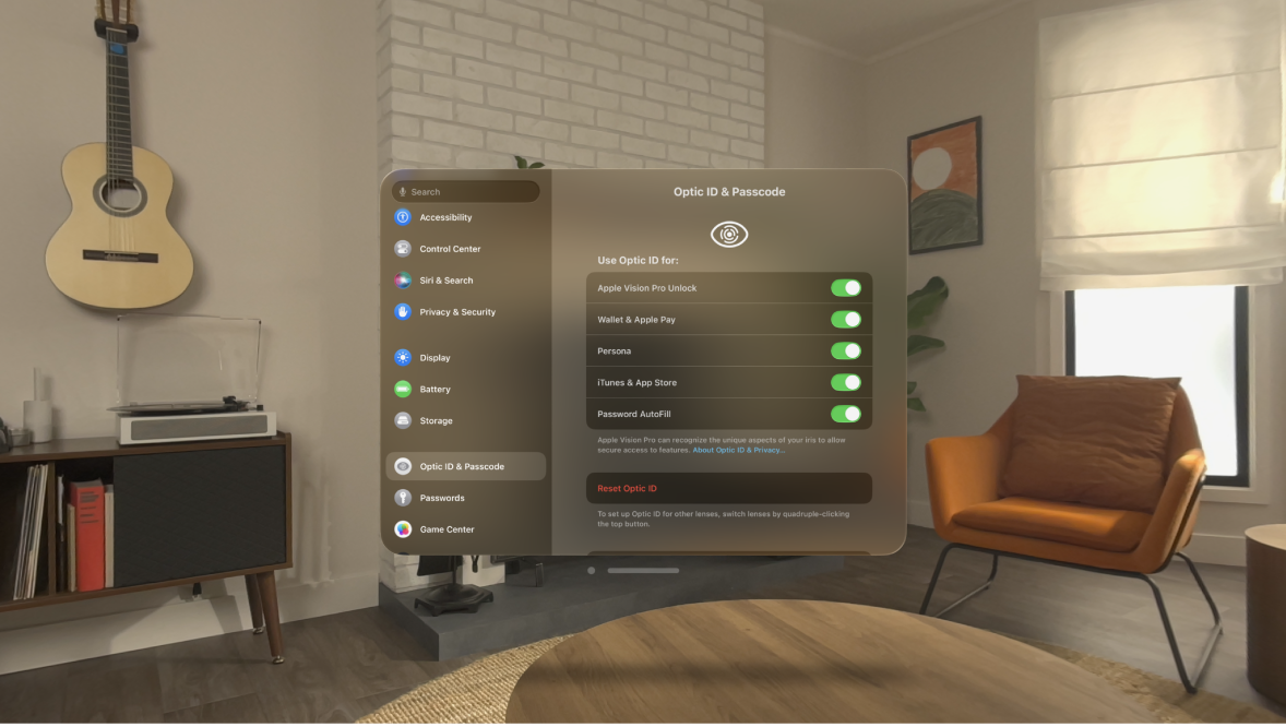 Optic ID & Passcode settings on Apple Vision Pro, showing options to use Optic ID for unlock, Persona, and more; and to Reset Optic ID.
