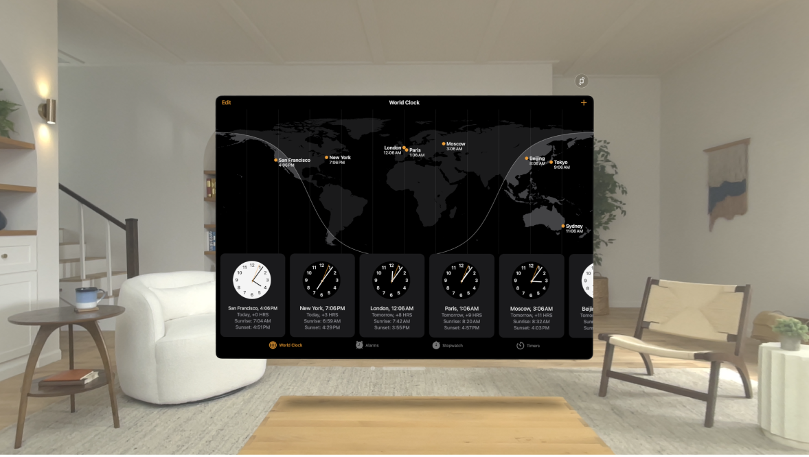 The Clock app on Apple Vision Pro, showing the world clock.