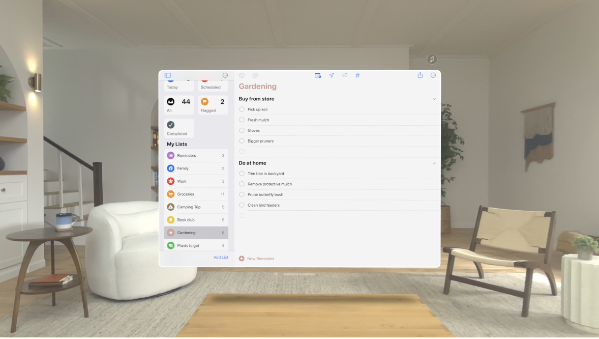 The Reminders app on Apple Vision Pro, with a list of reminders broken up into sections.