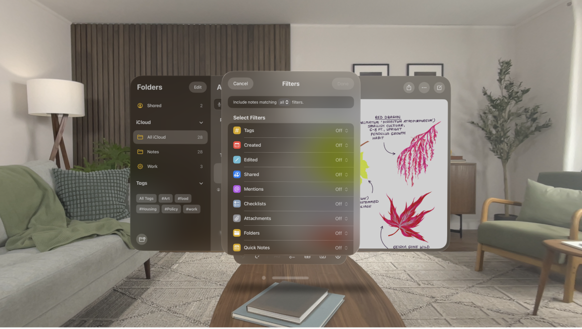 The Notes app on Apple Vision Pro, showing filters that can be added to a folder.