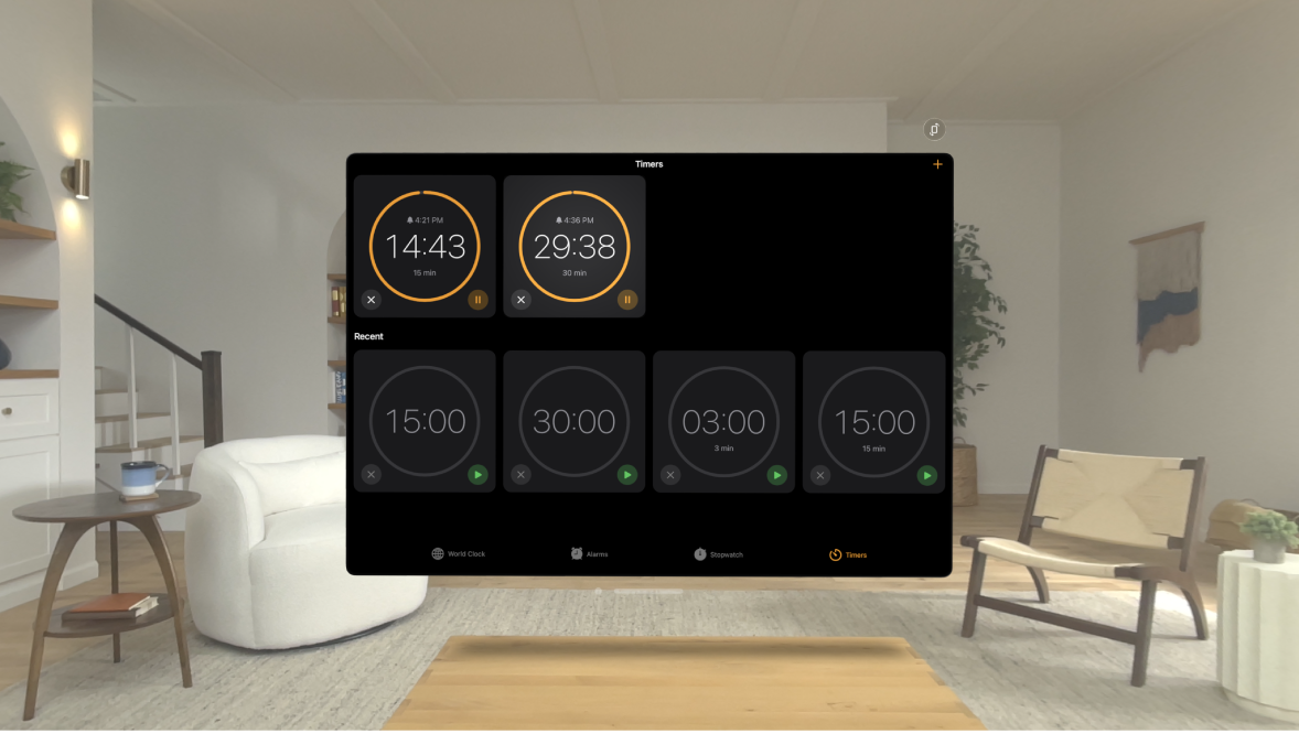 The Clock app on Apple Vision Pro, showing multiple timers running.