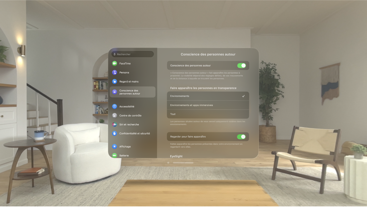 Réglages « Conscience des personnes autour » sur l’Apple Vision Pro, dans lesquels vous pouvez activer ou désactiver « Conscience des personnes autour », modifier l’apparition des personnes, activer ou désactiver « Regarder pour faire apparaître » et supprimer votre EyeSight personnalisé.