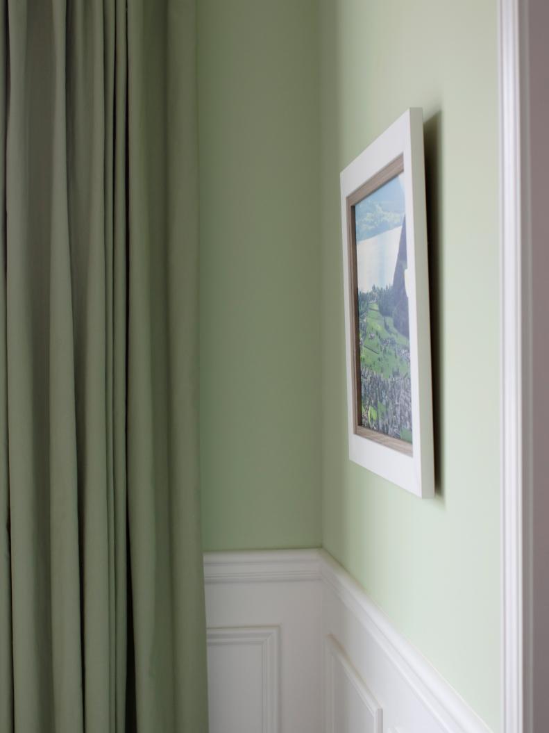 Green, Transitional Dining Room With Sage Curtains