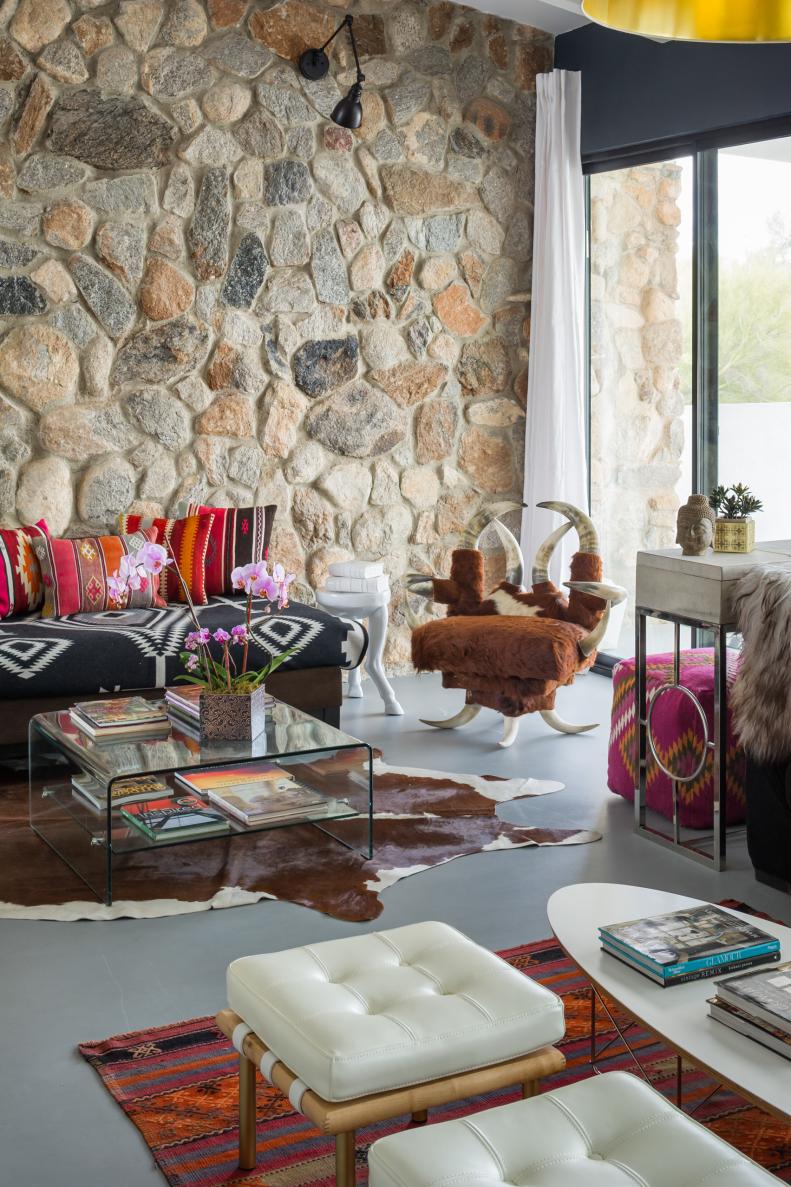 Living Room with Stone Wall that adds Color and Texture