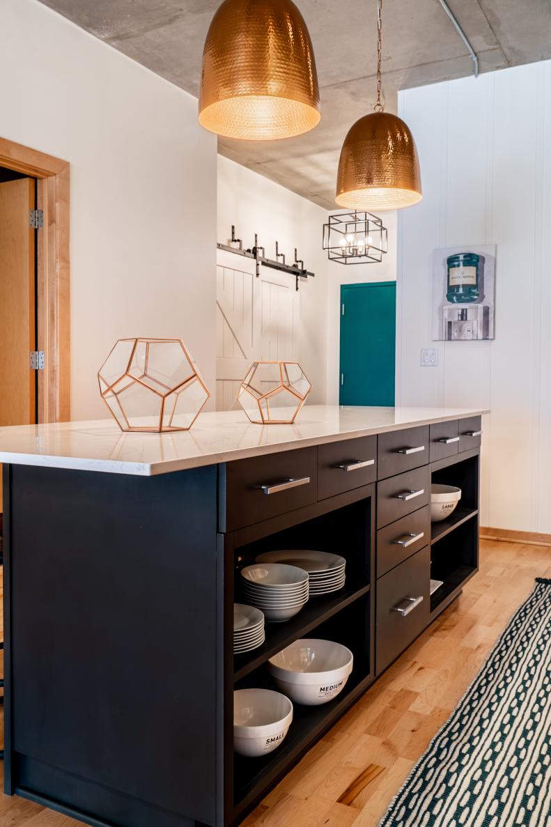 Large Kitchen Island Has Open and Concealed Storage