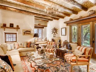 Southwestern living room with painted ceiling