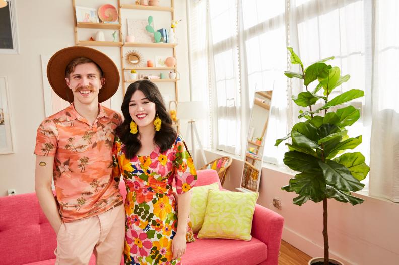 Sam Urshiro and Kyle Larsen Stand in Their Quirky Brooklyn Apartment