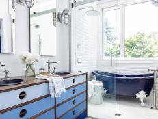 White Contemporary Bathroom Has Blue Clawfoot Tub in Shower Area