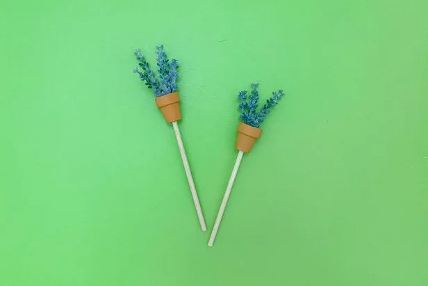 Faux Lavender Springs in Orange Mini Pot on Dowel Makes Drink Stirrer