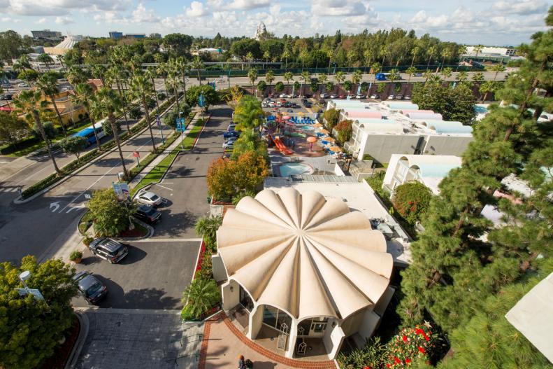 Aerial View of Circular Lobby Building With Arched Pattern 