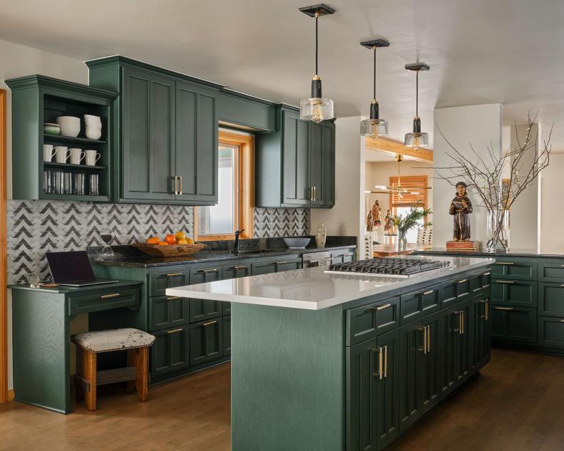 Green Kitchen Island With White Quartz Countertop