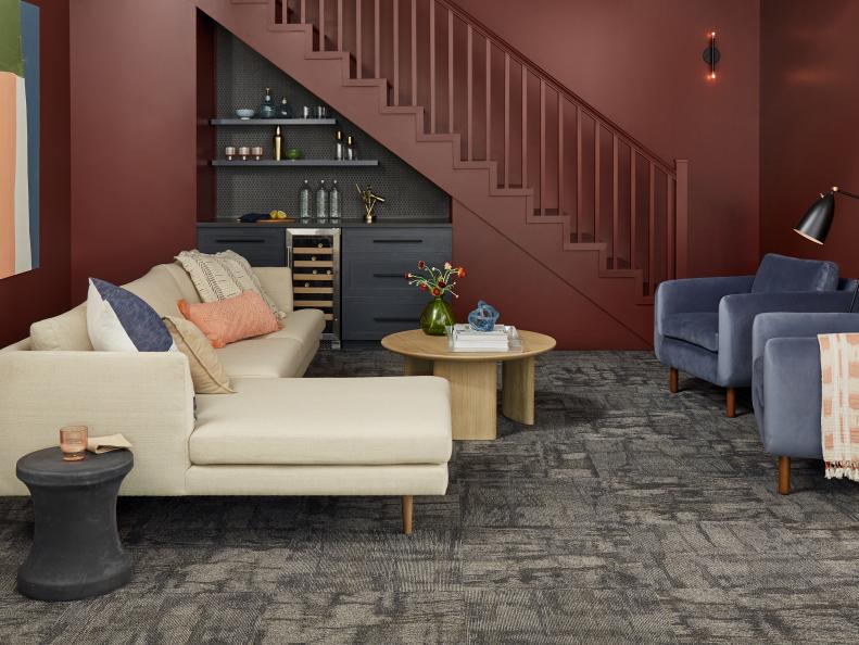 Dark Auburn Living Room With a Beige Sectional