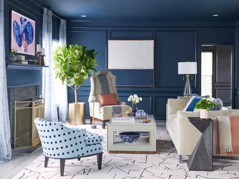 Dark Blue Family Room With Modern Art