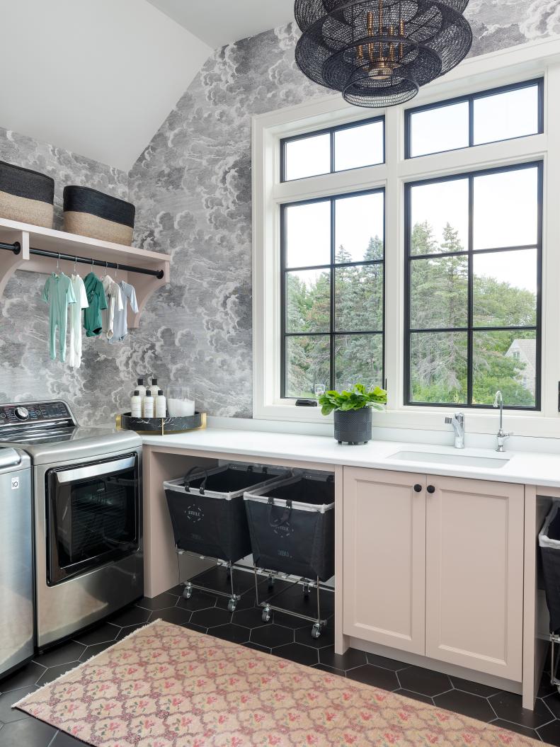 Dusty Pink Laundry Space With Cloud Wallpaper