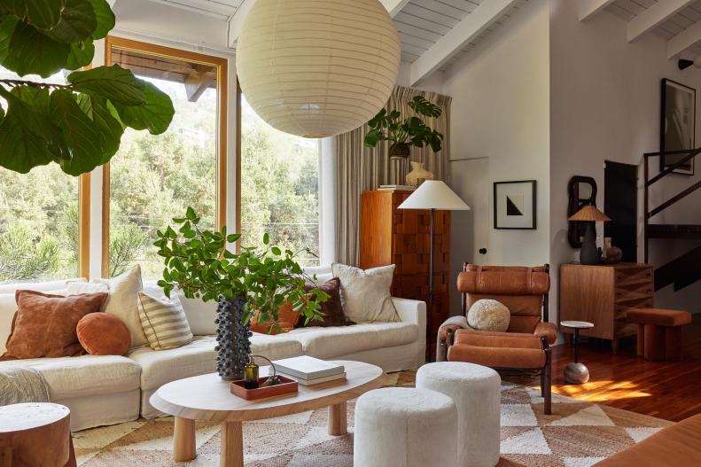 Sloped Living Room Ceiling, Big Windows with Views of Big Trees