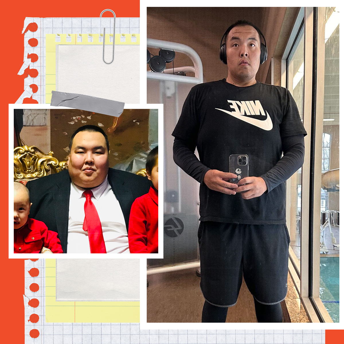 collage of bayar before and after his weight loss transformation