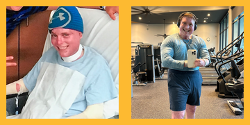 side by side of joey after his car accident and him healed at the gym