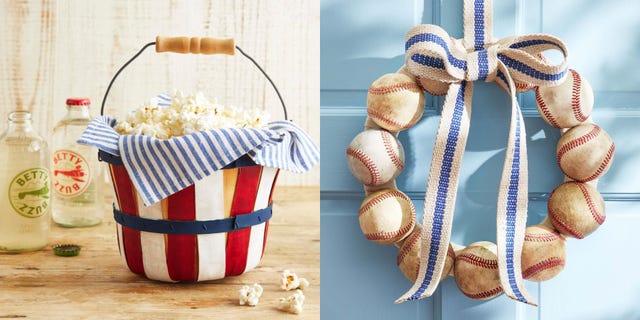 4th of july crafts including red, white and blue snack bucket and baseball wreath