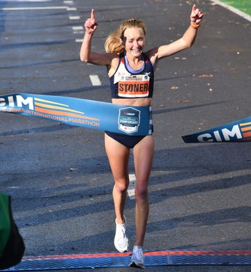 paige stormer finishing the california international marathon