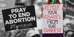 two protestors one holding a sign in favour of ending abortion and another holding a sign saying remove your rosaries from our ovaries which is in favour of women having choice and the church backing away from reproductive rights