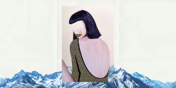 collage artwork of a woman sitting on a mountain