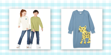 two kids wearing jeans and tee shirts, a sweater dress with an animal on it