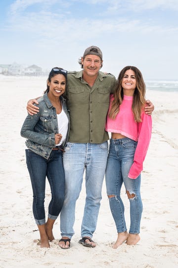 as seen on hgtv's battle on the beach, mentors taniya nayak, ty pennington and alison victoria pose on the beach talent