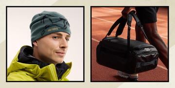 a man wearing an arc'teryx beanie next to a man holding a stubble and co gym bag