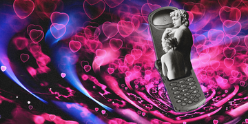 a flip phone on a colorful background of hearts