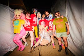 drag queens at glastonbury model katharine hamnett's political slogan tees