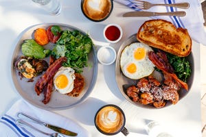 breakfast for two persons served in a restaurant, directly above view