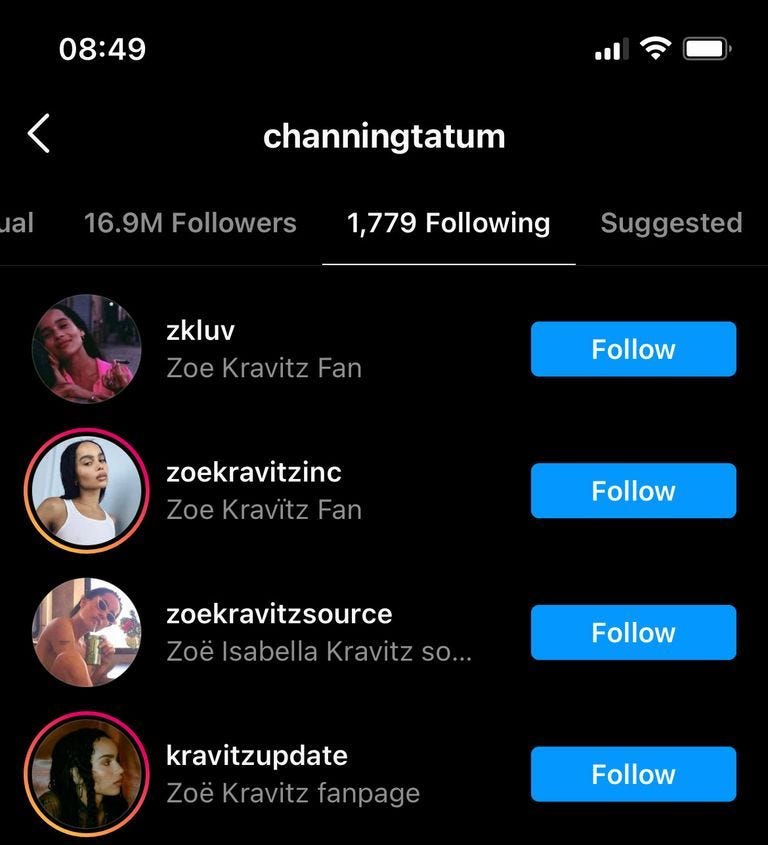 channing tatum follows zoe kravitz instagram