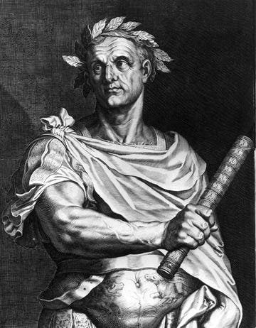 illustration of julius caesar holding a scroll and wearing a toga and leaf crown