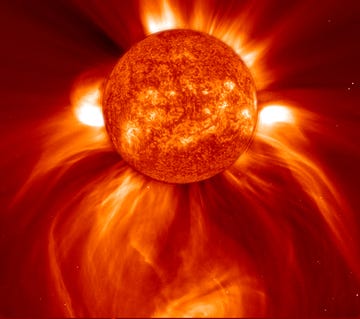 this lasco c2 image, taken 8 january 2002, shows a widely spreading coronal mass ejection cme as it blasts more than a billion tons of matter out into space at millions of kilometers per hour  the c2 image was turned 90 degrees so that the blast seems to be pointing down  an eit 304 angstrom image from a different day was enlarged and superimposed on the c2 image so that it filled the occulting disk for effectcredit nasagsfcsohoesato learn more go to the soho websitehttpsohowwwnascomnasagovhomehtmlto learn more about nasa's sun earth day go herehttpsunearthdaynasagov2010indexphp