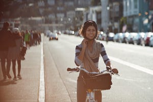 couple using rental bikes in the small town sausalito