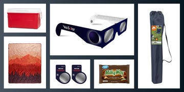 cooler, eclipse viewing glasses, camping chair, milky way, photo filter lens, blanket