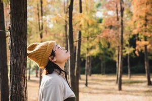 asian woman enjoying the beautiful nature in a cypress forest