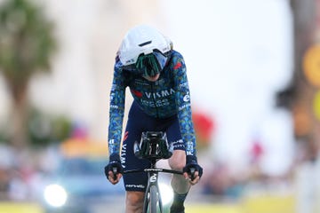 nice, france july 21 jonas vingegaard hansen of denmark and team visma  lease a bike crosses the finish line during the 111th tour de france 2024, stage 21 a 337km individual time trial from monaco to nice  uciwt  on july 21, 2024 in nice, france photo by tim de waelegetty images