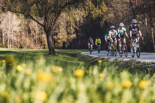 group of cyclist cycling on a country road