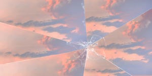 A sunset and cloudy sky with broken glass